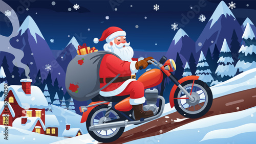Santa Claus riding a motorcycle with a sack of gifts in a snowy village, vector illustration