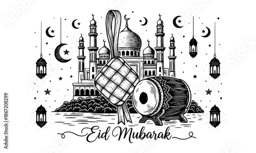 Eid Mubarak greeting card with mosque and traditional elements