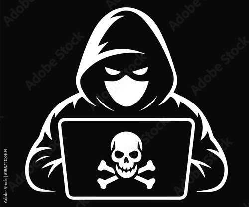 Illustration of a person in a hoodie facing a laptop showing a skull, representing criminal activity.