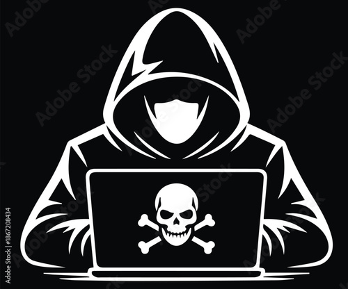 Illustration of a person in a hoodie facing a laptop showing a skull, representing cyber threats or hacking.
