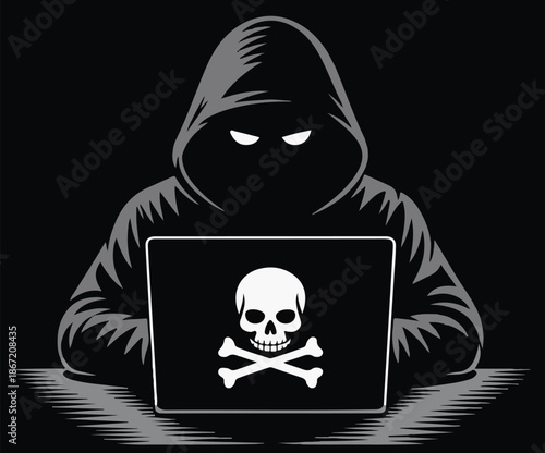 A hacker themed illustration showing a hooded figure at a computer with a skull image.