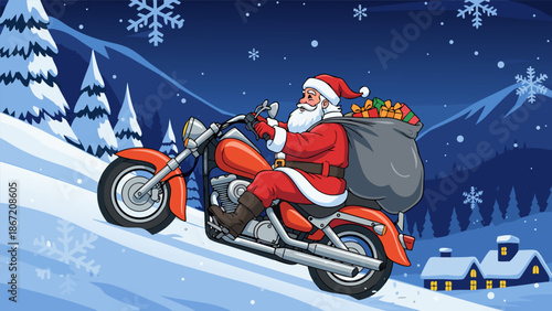 Dynamic Vector Illustration of Santa Claus Riding a Motorcycle Down a Snowy Hill with a Gift Sack