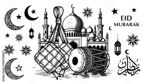 Black and white Eid Mubarak illustration with mosque and traditional symbols