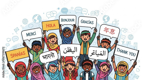 Diverse group of happy children from around the world holding up speech bubbles with thank you messages in different languages on a white background with icons