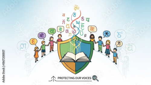 Diverse children standing around shield with book and speech bubbles representing language and education with diversity and learning and multicultural