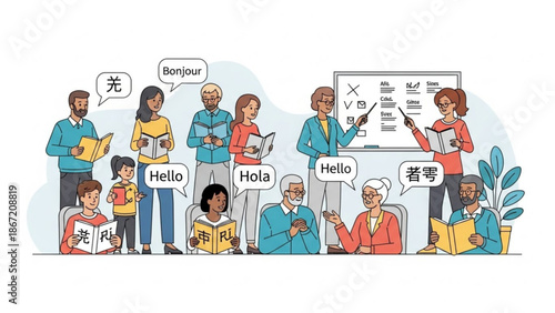 Diverse group of people from different age groups and cultures learning languages with speech bubbles saying hello in various languages with language learning