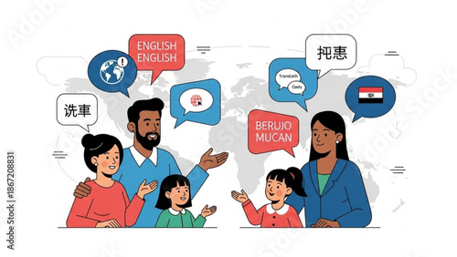 Diverse family communicating in multiple languages with speech bubbles on a world map background with multicultural and communication and global