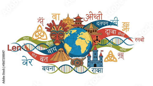 Vibrant illustration of global cultural diversity with symbolic landmarks and dna helices intertwined with foreign text with symbols and earth