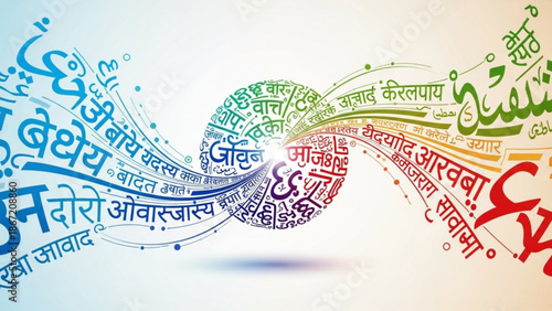 Vibrant swirling script illustration with multicolored foreign language typography and gradient background with stylized and creative and multicultural