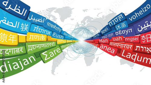 Vibrant multilingual word banner radiating from a glowing globe on a world map background symbolizing global communication and language diversity