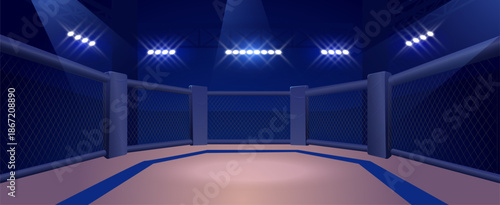 An empty MMA sports ring with a fenced arena and floodlights.