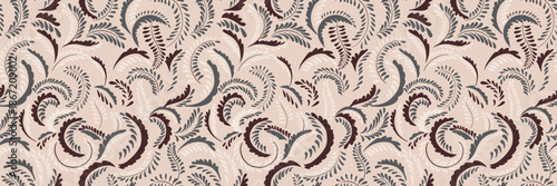 Seamless vector pattern with swirling ornamental leaves in muted browns, grays, and beige tones on a soft blush background. Elegant vintage foliage design for textiles and decor