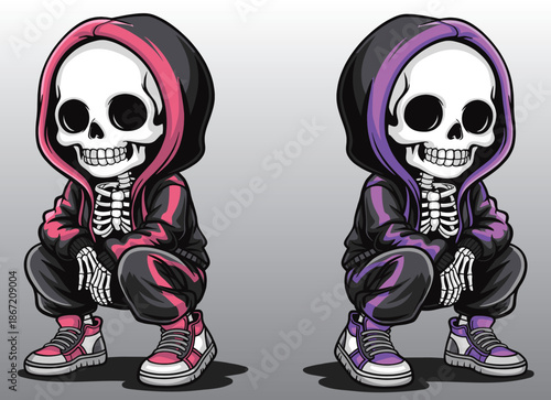 Illustration of a cute skeleton wearing a hoodie in a crouching position.