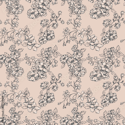 Elegant seamless floral vector pattern with detailed hand drawn blossoms, buds and leaves in dark graphite outlines on a soft nude background. Refined, vintage for textiles and decor