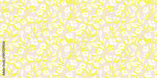 Seamless vector floral pattern with bright yellow and white flowers and leafy branches on a soft pastel background. Fresh, lively botanical design for textiles and decor