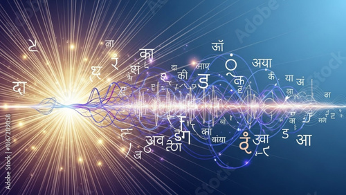 Vibrant sanskrit symbols radiate from glowing light source in mystical blue background with spiritual and meditation and yoga and zen and buddhist