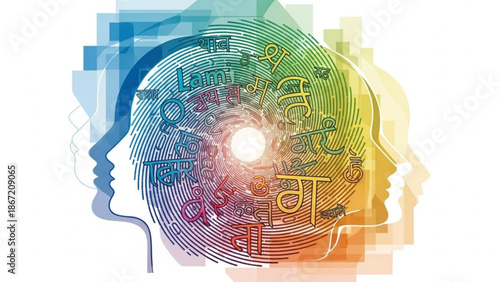 Vibrant digital illustration of two human heads in profile with a swirling rainbow of text and symbols emanating from the center with symbolic image