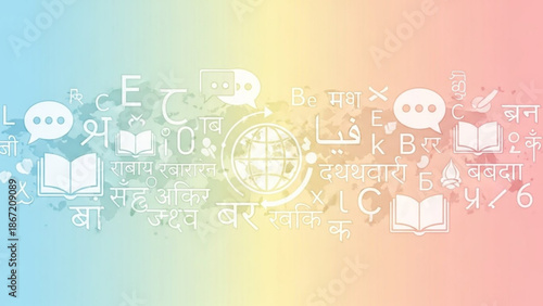 Vibrant multilingual education background with books globe and speech bubbles in various languages on a rainbow colored gradient with learning