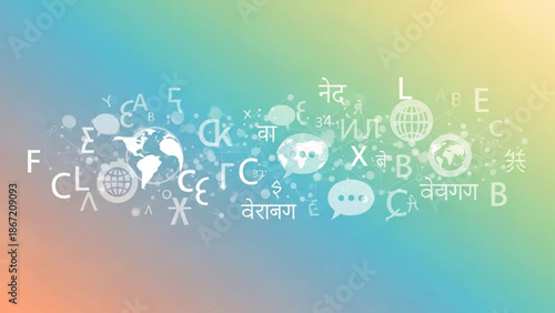 Vibrant multilingual typography with global communication symbols on colorful gradient background for language learning and cultural exchange concepts