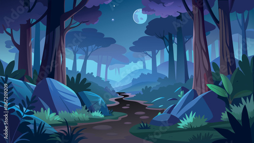 Magical Night Forest Landscape with Moonlit Path and Glowing Blue Trees