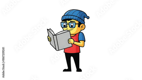 Cartoon man reading book isolated on white.