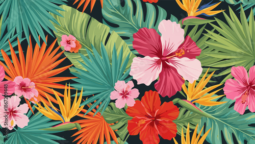 Tropical floral seamless pattern vector illustration - vibrant exotic plants and flowers in a lush jungle aesthetic