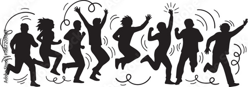 Silhouettes of people jumping and celebrating with dynamic swirling lines