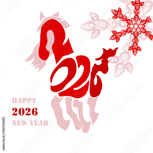 Holiday card Happy New Year 2026. Stylized image of a fire horse according to the Eastern Chinese calendar. Astrological New Year.	
