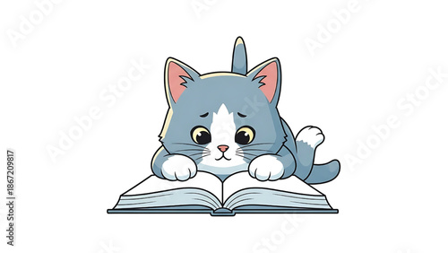 cute cat reading book cartoon character.