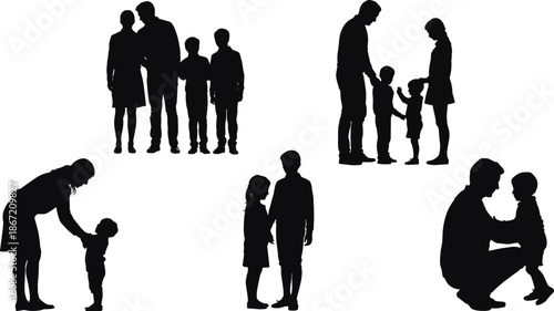 Black silhouette family figures showing parents and children bonding moments, love care relationship concept, isolated on white background illustration