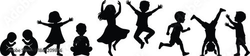 Children silhouette activity set, kids playing jumping running dancing poses, childhood fun development concept, black figures isolated