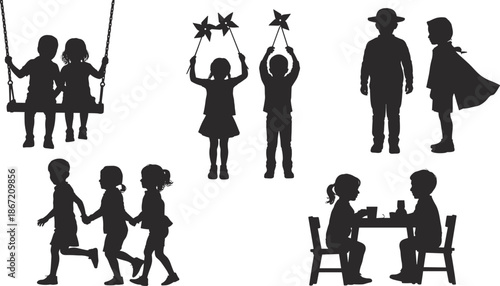 Children silhouettes activity set, kids playing swinging running eating together, childhood friendship moments, black isolated vector illustration collection