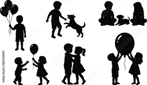Children silhouette playing with balloons, kids and dog, happy childhood moments, family fun activities, black vector illustration set