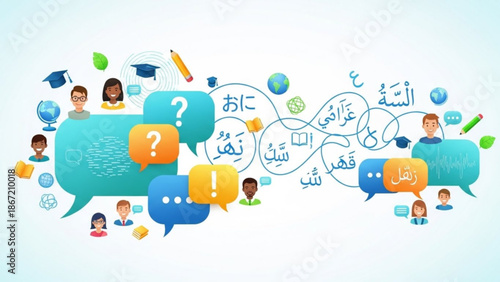 Diverse people communicating through multilingual speech bubbles and global education icons with communication and diversity and language and translation
