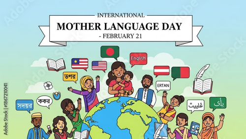Diverse people celebrating international mother language day around the world with flags and speech bubbles with cultural diversity and language celebration