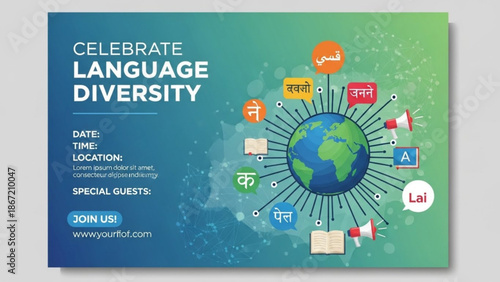 Global language diversity poster featuring multilingual speech bubbles and earth illustration with global communication and cultural diversity