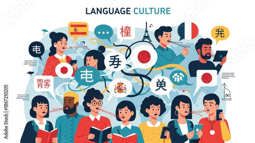 Diverse group of people engaged in language learning and cultural exchange with global icons and symbols with global communication and multicultural