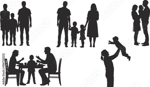 Family silhouette collection, showing parents children daily life activities togetherness love bonding modern household relationships black shapes white backgroun