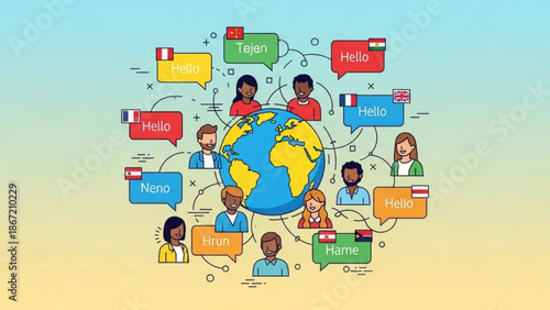 Global communication illustration featuring diverse people and multilingual greetings surrounding a stylized globe with language diversity and international connection