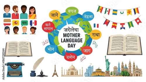 International mother language day celebration with global landmarks and cultural symbols with Cultural Diversity and Language Preservation and Multiculturalism