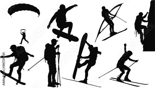 Extreme sports silhouette set with adventure athletes, skiing, snowboarding, climbing, paragliding, outdoor action activities, black vector illustration collection