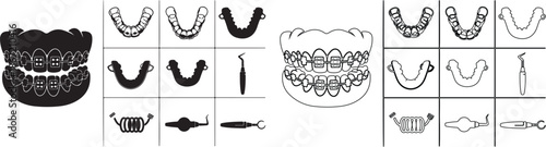 Vector icon set of dental braces, retainers, and tools in silhouette and line art isolated PNG with Transparent Background