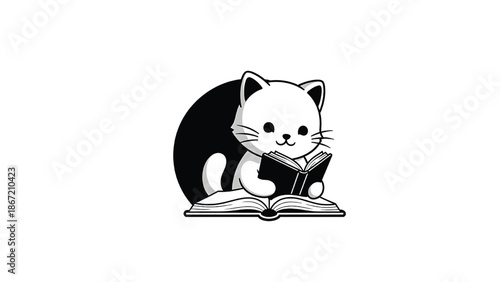 Cartoon Cat Reading Book Black White Kitten Studying.