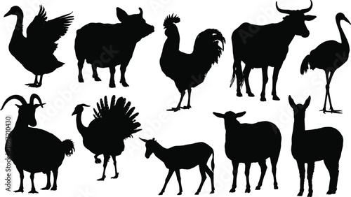 Farm animal silhouettes collection including cow, goat, rooster, turkey, goose, donkey, sheep and livestock animals isolated on white background
