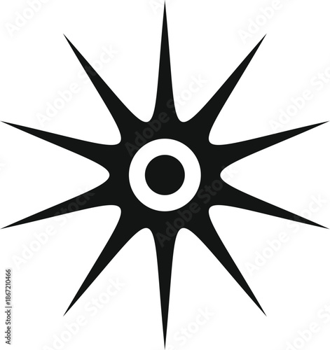 Abstract simple star symbol featuring spiky rays and center circle design