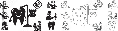Modern Dental and Oral Care Vector Icon Set. Happy Tooth, Dentist, Patient, and Hygiene Symbols in Line and Fill Style. isolated PNG with Transparent Background