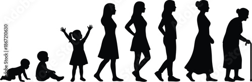 Human life stages silhouette from baby to old age, female growth timeline, aging process, lifecycle evolution, black vector illustration