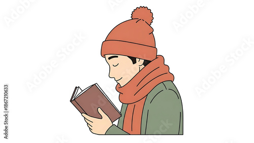 Man reading book in winter hat and scarf.