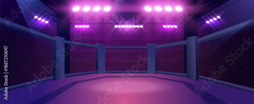 Empty mma ring with fencing, spotlights illuminated, cartoon vector arena for sports fighting, wrestling and competition
