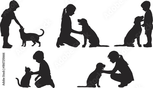 Kids with pets silhouettes vector set, children playing caring training dogs and cats, friendship concept, black isolated illustration collection